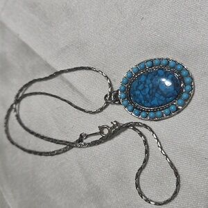 Vintage Faux Turquoise Pendant and Silver Tone Necklace